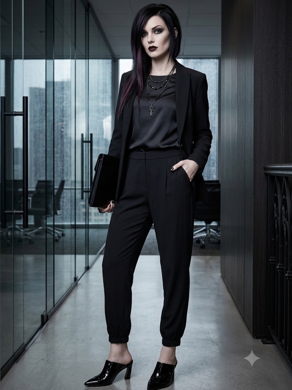 LAUNDRY Corporate Goth Black Joggers Trousers Baggy Pleated Ankle Pants 2